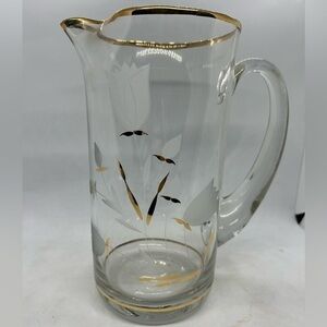 Vintage MCM Hand Blown Pitcher With Etched Flowers and 22K Gold Accents